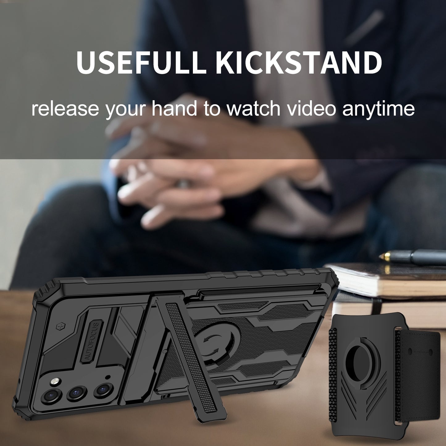 Kickstand Drop-resistant PC + TPU Phone Cover Case with Detachable Adjustable Wristband for Samsung Galaxy S20 FE 2022/S20 FE/S20 FE 5G/S20 Lite - Black