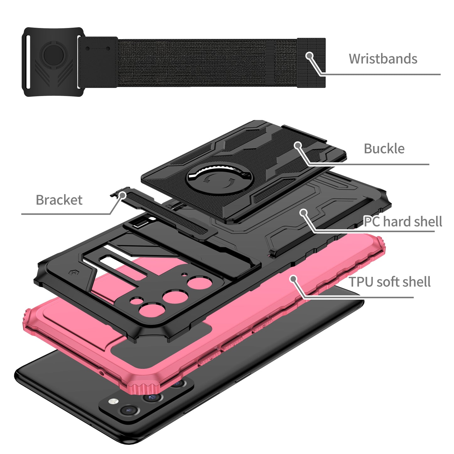 Kickstand Drop-resistant PC + TPU Phone Cover Case with Detachable Adjustable Wristband for Samsung Galaxy S20 FE 2022/S20 FE/S20 FE 5G/S20 Lite - Pink