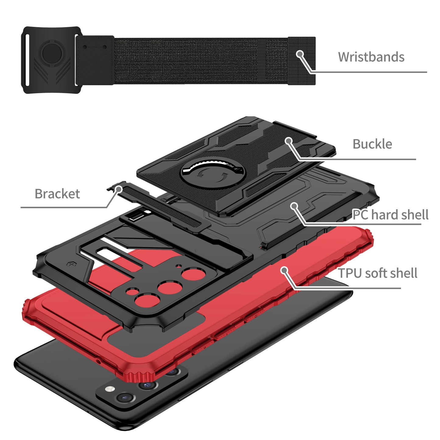 Kickstand Drop-resistant PC + TPU Phone Cover Case with Detachable Adjustable Wristband for Samsung Galaxy S20 FE 2022/S20 FE/S20 FE 5G/S20 Lite - Red
