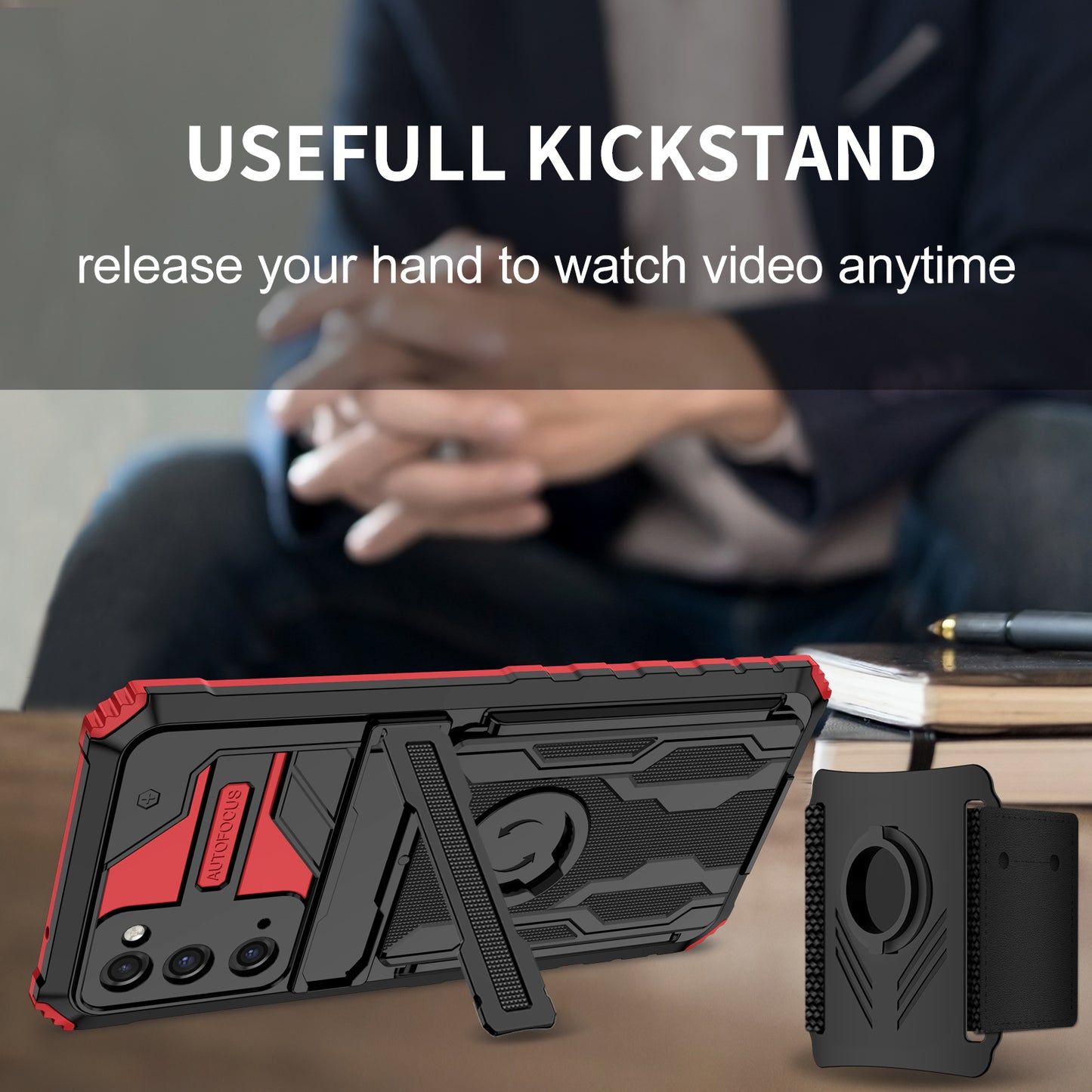 Kickstand Drop-resistant PC + TPU Phone Cover Case with Detachable Adjustable Wristband for Samsung Galaxy S20 FE 2022/S20 FE/S20 FE 5G/S20 Lite - Red