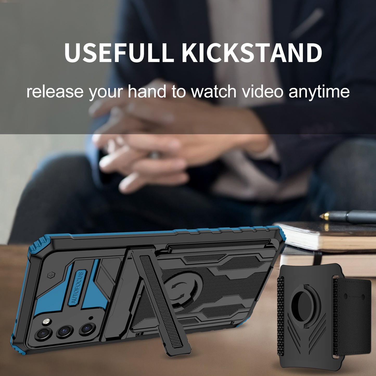 Kickstand Drop-resistant PC + TPU Phone Cover Case with Detachable Adjustable Wristband for Samsung Galaxy S20 FE 2022/S20 FE/S20 FE 5G/S20 Lite - Blue