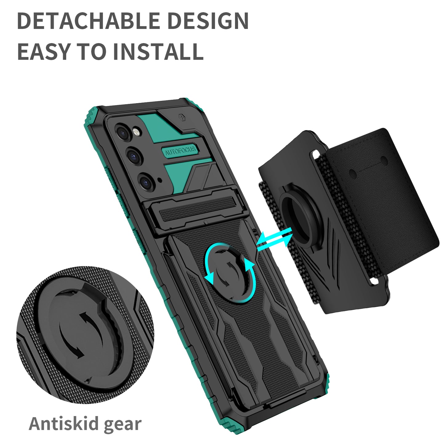 Kickstand Drop-resistant PC + TPU Phone Cover Case with Detachable Adjustable Wristband for Samsung Galaxy S20 FE 2022/S20 FE/S20 FE 5G/S20 Lite - Blackish Green