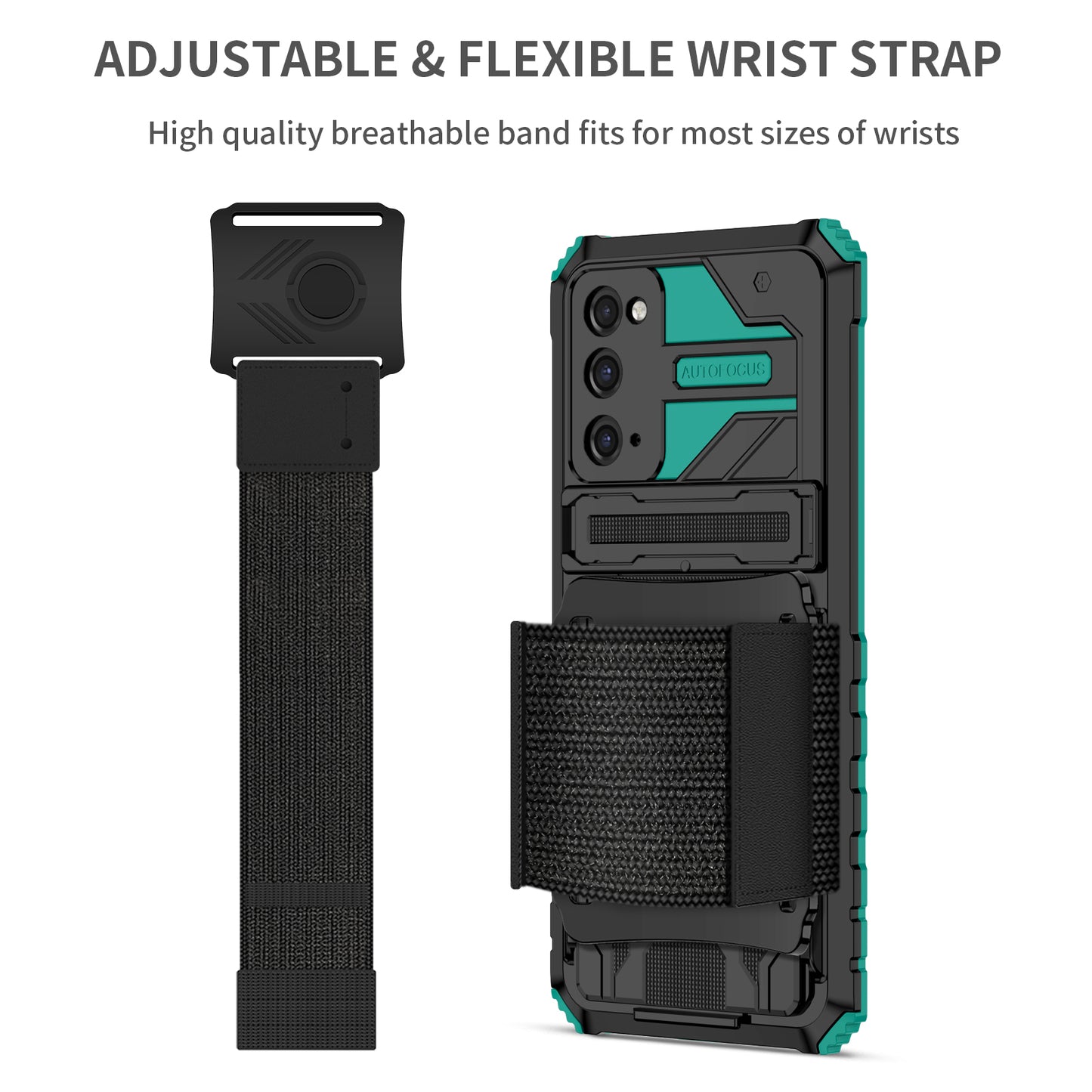 Kickstand Drop-resistant PC + TPU Phone Cover Case with Detachable Adjustable Wristband for Samsung Galaxy S20 FE 2022/S20 FE/S20 FE 5G/S20 Lite - Blackish Green