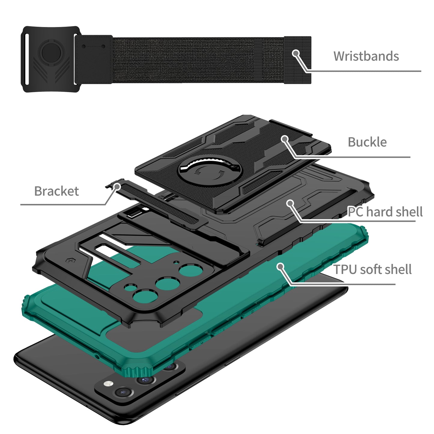 Kickstand Drop-resistant PC + TPU Phone Cover Case with Detachable Adjustable Wristband for Samsung Galaxy S20 FE 2022/S20 FE/S20 FE 5G/S20 Lite - Blackish Green