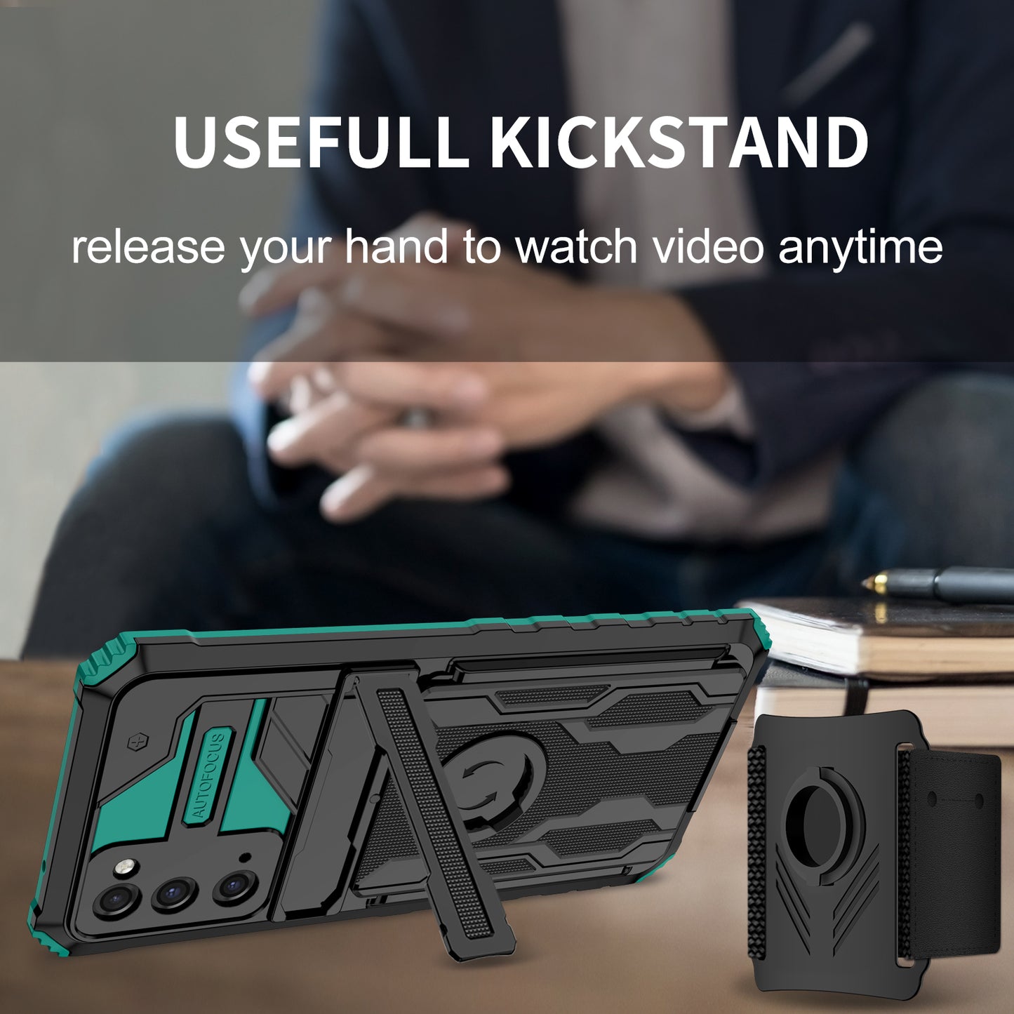 Kickstand Drop-resistant PC + TPU Phone Cover Case with Detachable Adjustable Wristband for Samsung Galaxy S20 FE 2022/S20 FE/S20 FE 5G/S20 Lite - Blackish Green