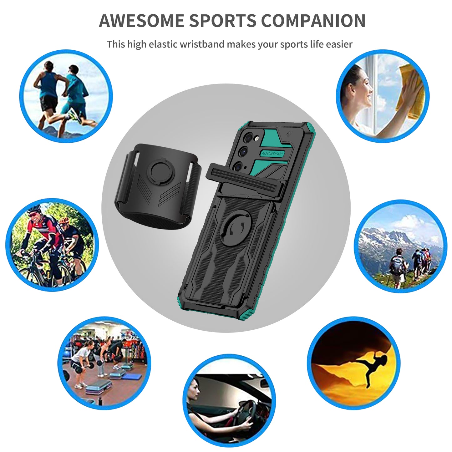 Kickstand Drop-resistant PC + TPU Phone Cover Case with Detachable Adjustable Wristband for Samsung Galaxy S20 FE 2022/S20 FE/S20 FE 5G/S20 Lite - Blackish Green