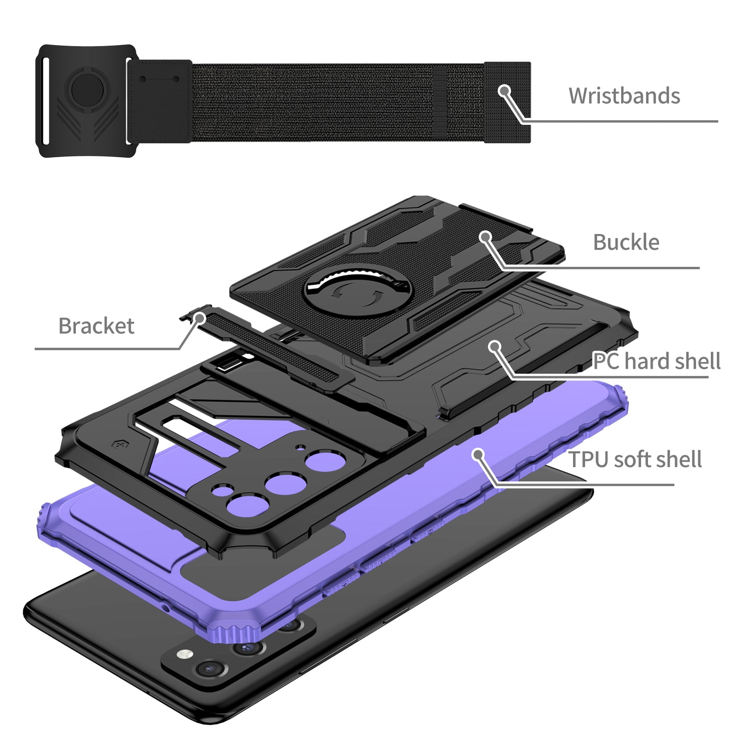 Kickstand Drop-resistant PC + TPU Phone Cover Case with Detachable Adjustable Wristband for Samsung Galaxy S20 FE 2022/S20 FE/S20 FE 5G/S20 Lite - Purple