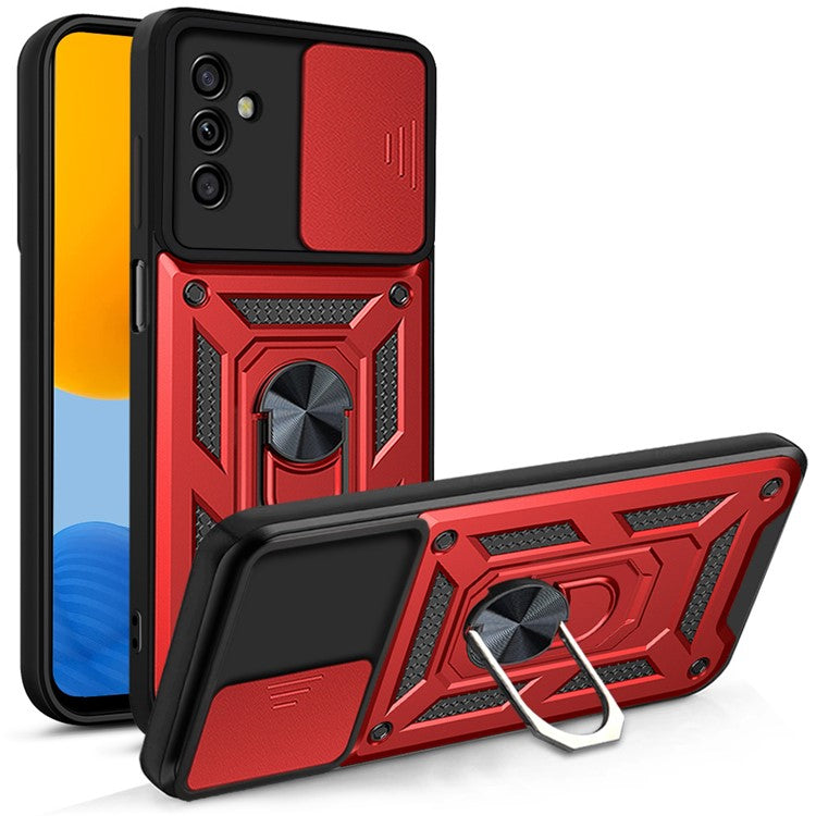 Well-protected Drop-proof Camera Slide Cover Ring Holder Kickstand Design PC + TPU Phone Cover Case for Samsung Galaxy M52 5G - Red