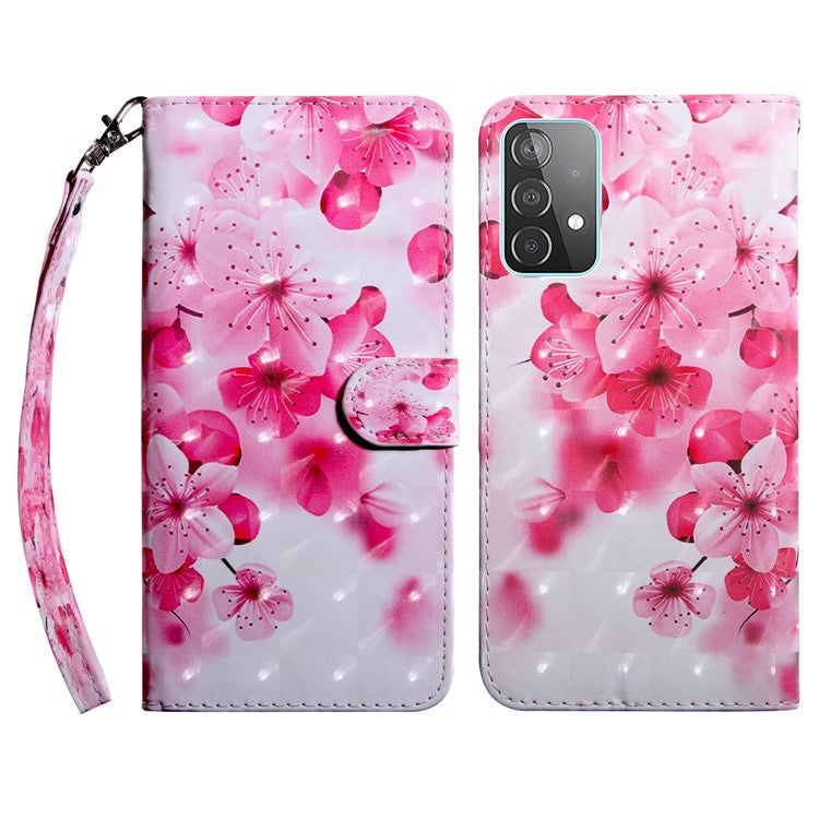 3D Pattern Printing PU Leather Wallet Stand Feature Flip Protective Cover with Strap for Samsung Galaxy A53 5G - Peach Blossom