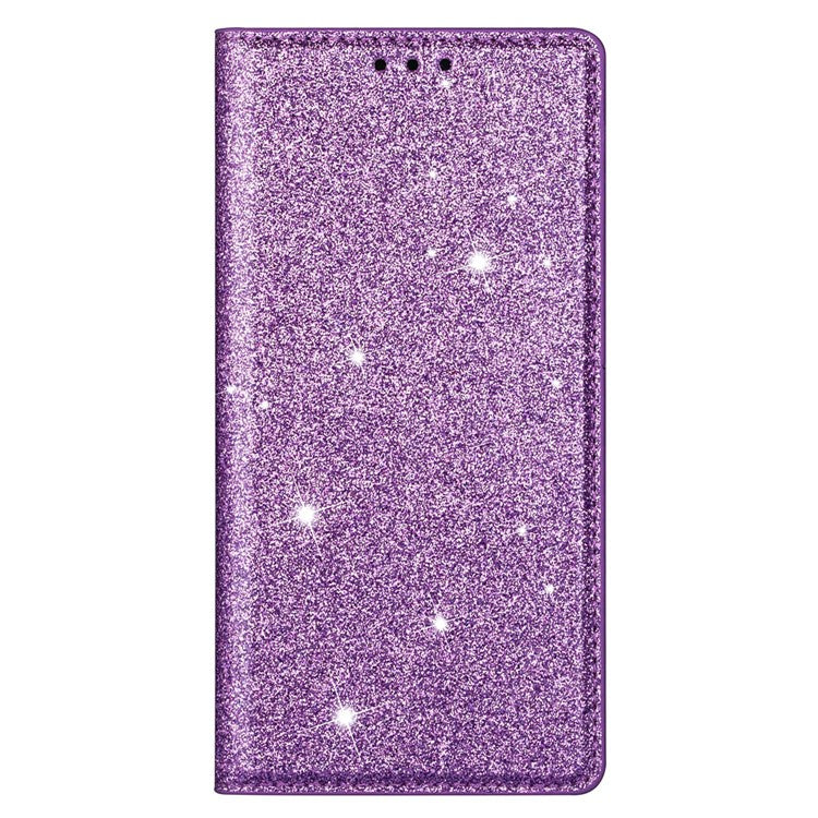 Glitter Powder Ultra-thin Card Slot Stand Leather Case Phone Cover for Samsung Galaxy S22+ 5G - Purple