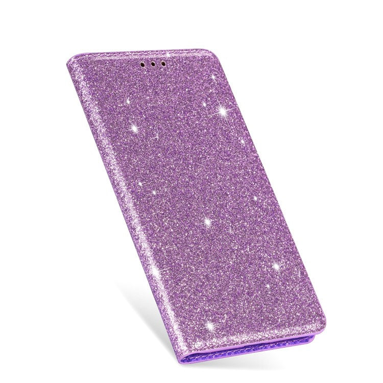 Glitter Powder Ultra-thin Card Slot Stand Leather Case Phone Cover for Samsung Galaxy S22+ 5G - Purple