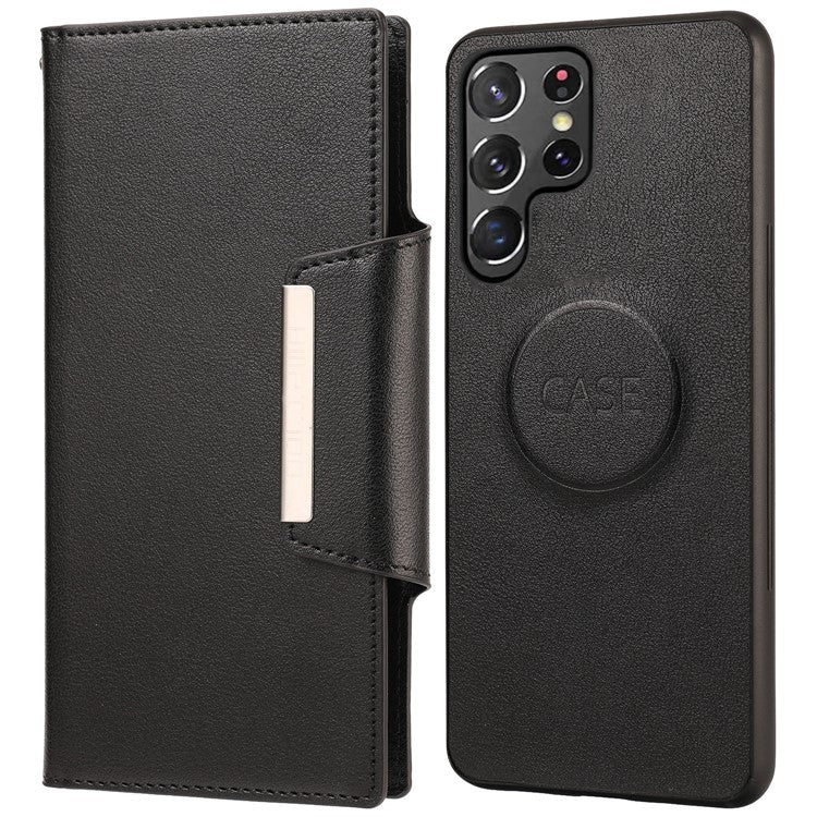 Ultra-thin Detachable Drop-proof Leather Wallet Phone Protective Case Cover for Samsung Galaxy S22 Ultra 5G - Black