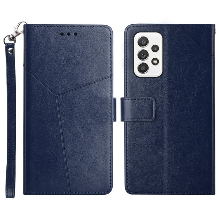 PU Leather Imprinted Y-shaped Lines Magnetic Supporting Stand Flip Wallet Phone Cover with Strap for Samsung Galaxy A53 5G - Blue