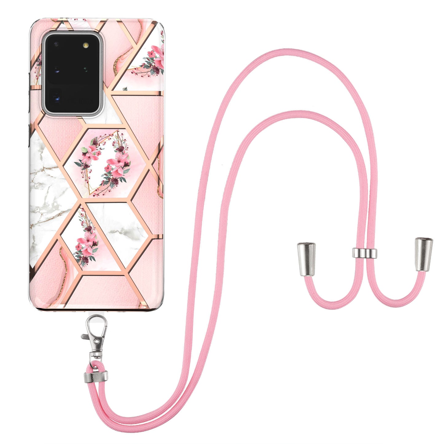 IMD IML TPU Phone Shell with Marble Flower Pattern Electroplating Soft Case + Shoulder Strap for Samsung Galaxy S20 Ultra - Pink Flowers