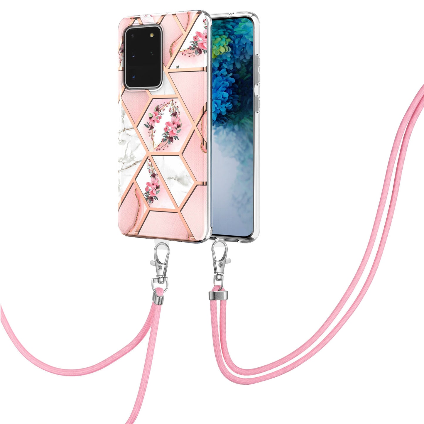 IMD IML TPU Phone Shell with Marble Flower Pattern Electroplating Soft Case + Shoulder Strap for Samsung Galaxy S20 Ultra - Pink Flowers