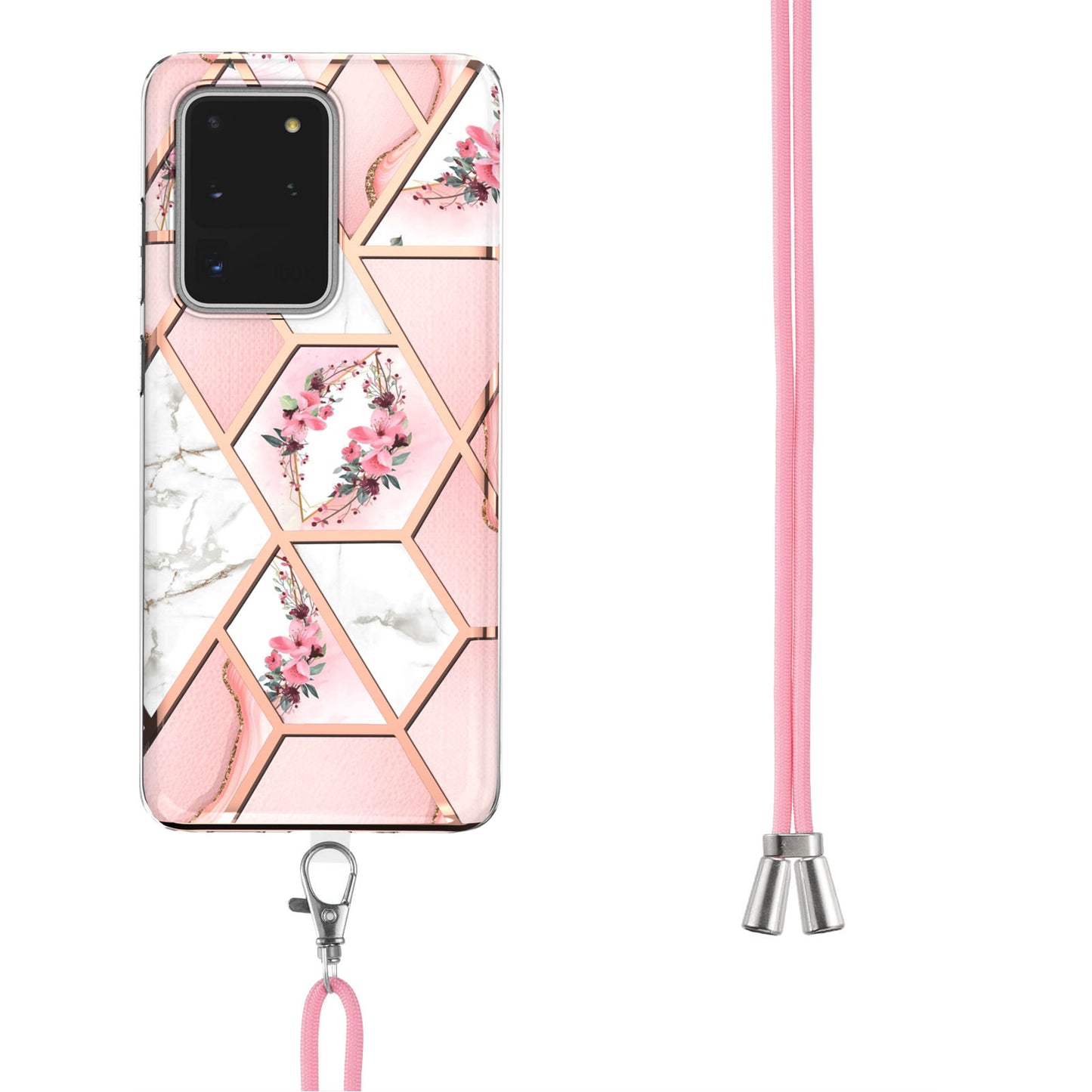 IMD IML TPU Phone Shell with Marble Flower Pattern Electroplating Soft Case + Shoulder Strap for Samsung Galaxy S20 Ultra - Pink Flowers