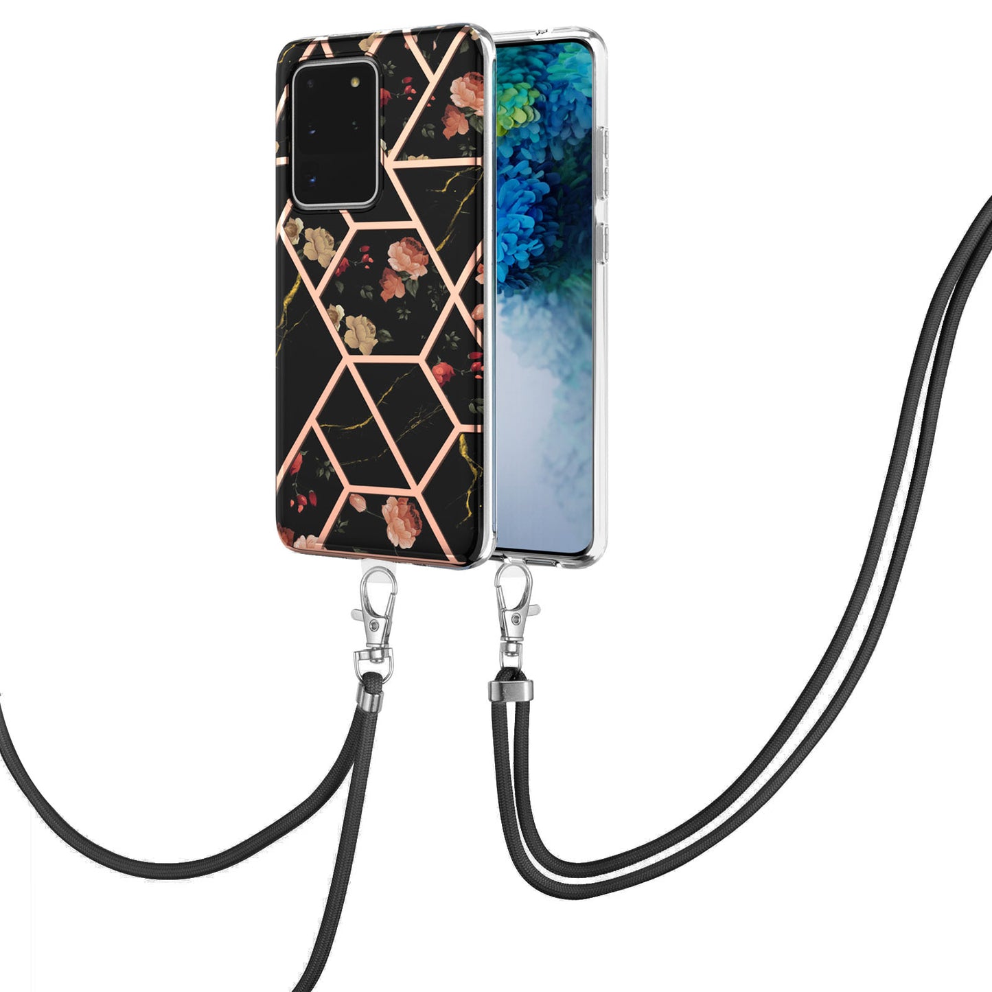 IMD IML TPU Phone Shell with Marble Flower Pattern Electroplating Soft Case + Shoulder Strap for Samsung Galaxy S20 Ultra - Black/Flowers