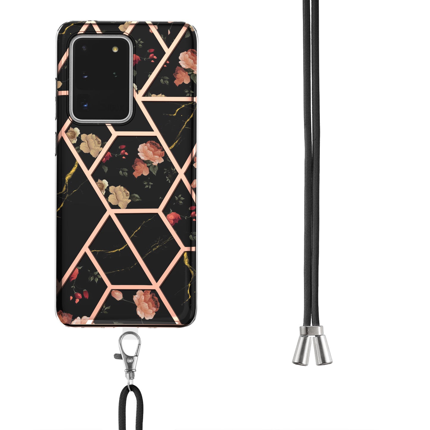 IMD IML TPU Phone Shell with Marble Flower Pattern Electroplating Soft Case + Shoulder Strap for Samsung Galaxy S20 Ultra - Black/Flowers