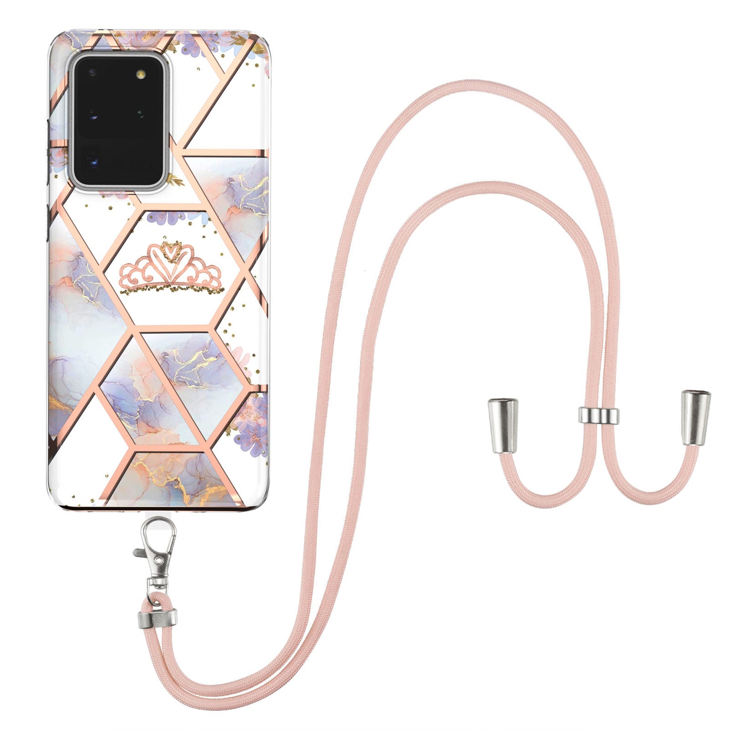 IMD IML TPU Phone Shell with Marble Flower Pattern Electroplating Soft Case + Shoulder Strap for Samsung Galaxy S20 Ultra - Crown