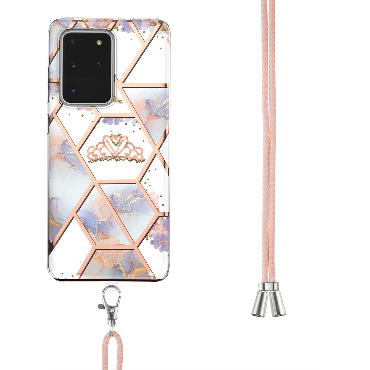 IMD IML TPU Phone Shell with Marble Flower Pattern Electroplating Soft Case + Shoulder Strap for Samsung Galaxy S20 Ultra - Crown