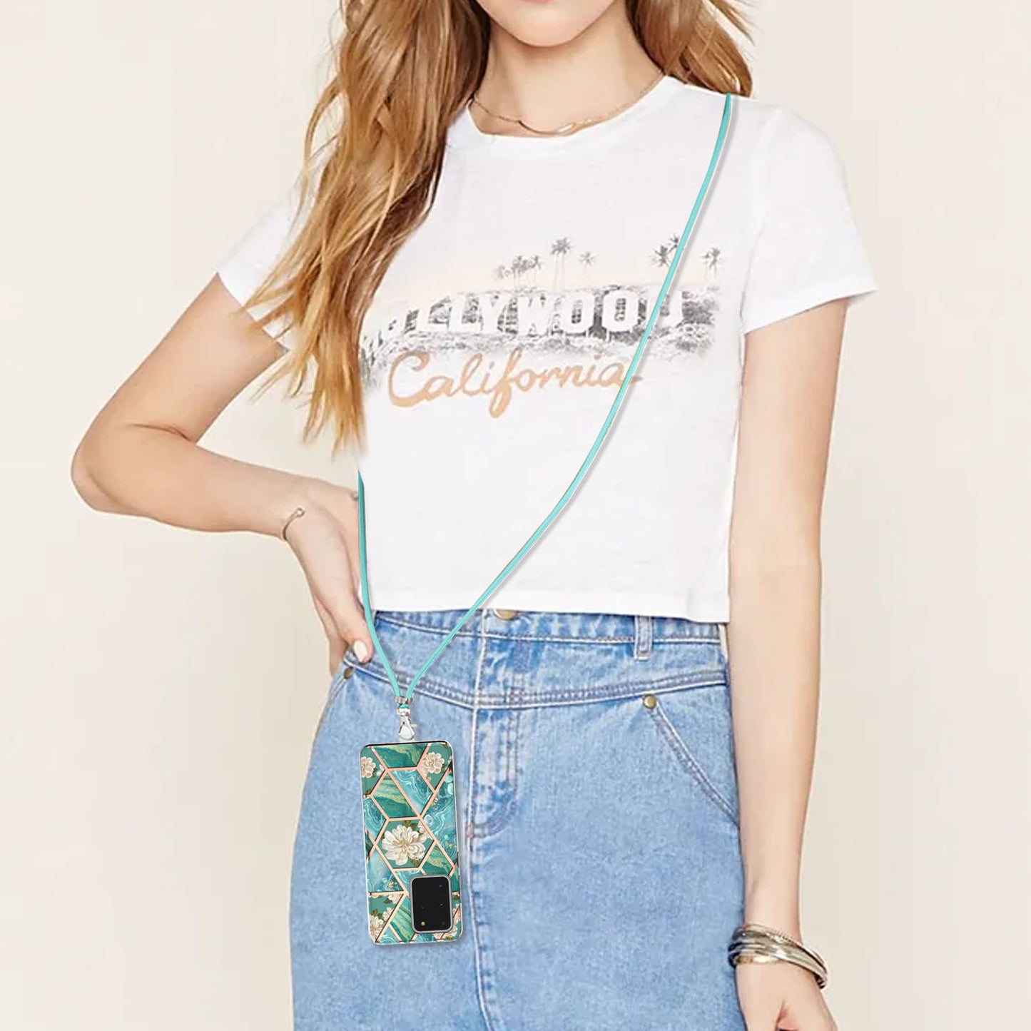 IMD IML TPU Phone Shell with Marble Flower Pattern Electroplating Soft Case + Shoulder Strap for Samsung Galaxy S20 Ultra - Orchid