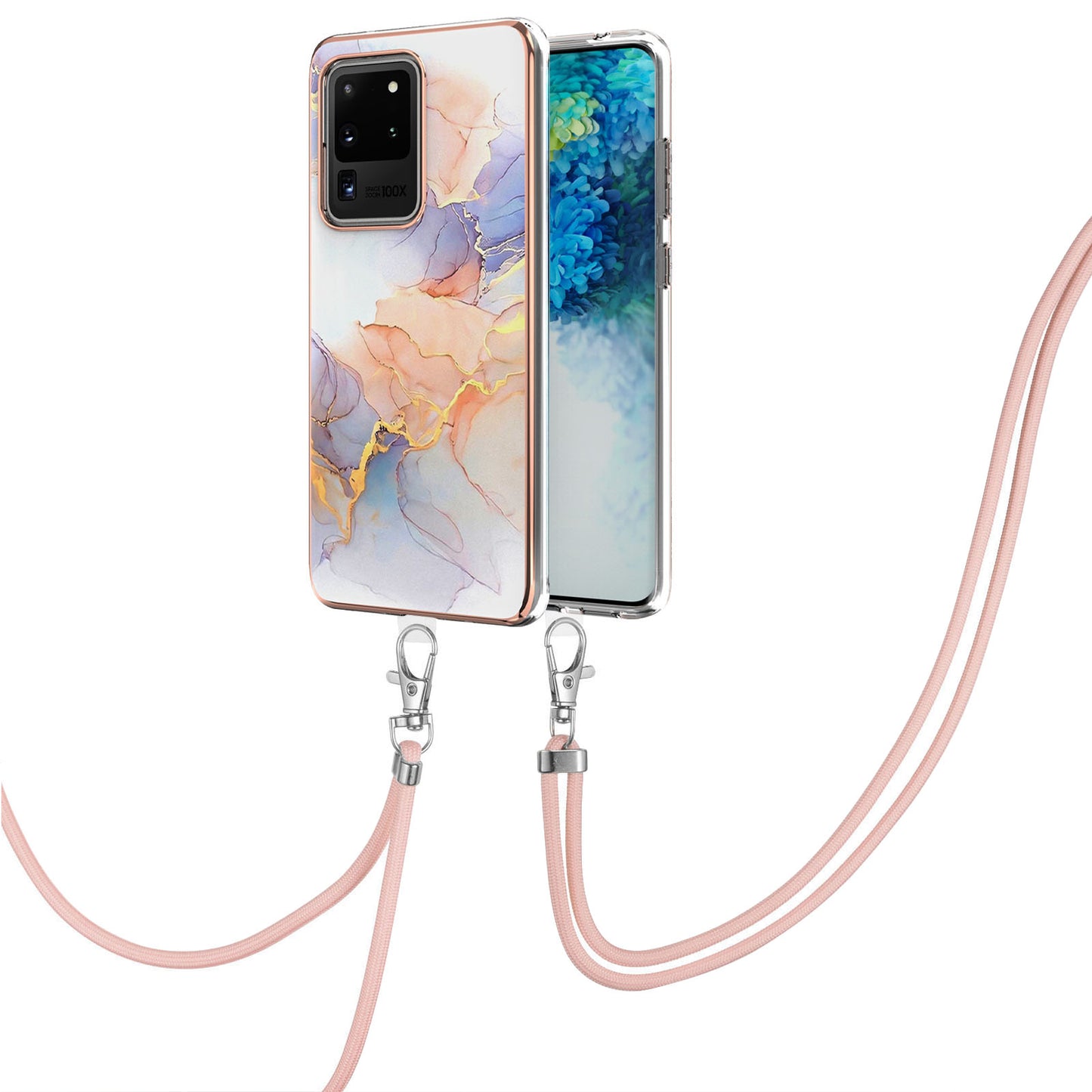 IMD IML TPU Phone Shell with Marble Flower Pattern Electroplating Soft Case + Shoulder Strap for Samsung Galaxy S20 Ultra - The Milky Way/Marble/White