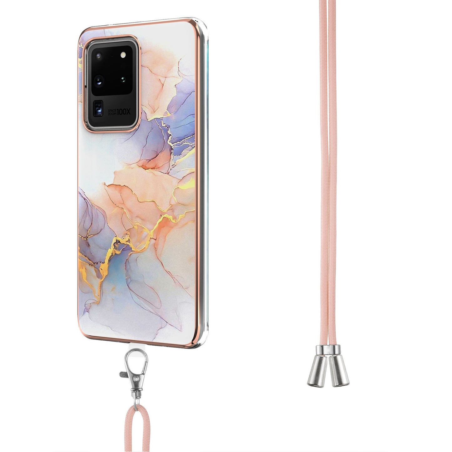 IMD IML TPU Phone Shell with Marble Flower Pattern Electroplating Soft Case + Shoulder Strap for Samsung Galaxy S20 Ultra - The Milky Way/Marble/White