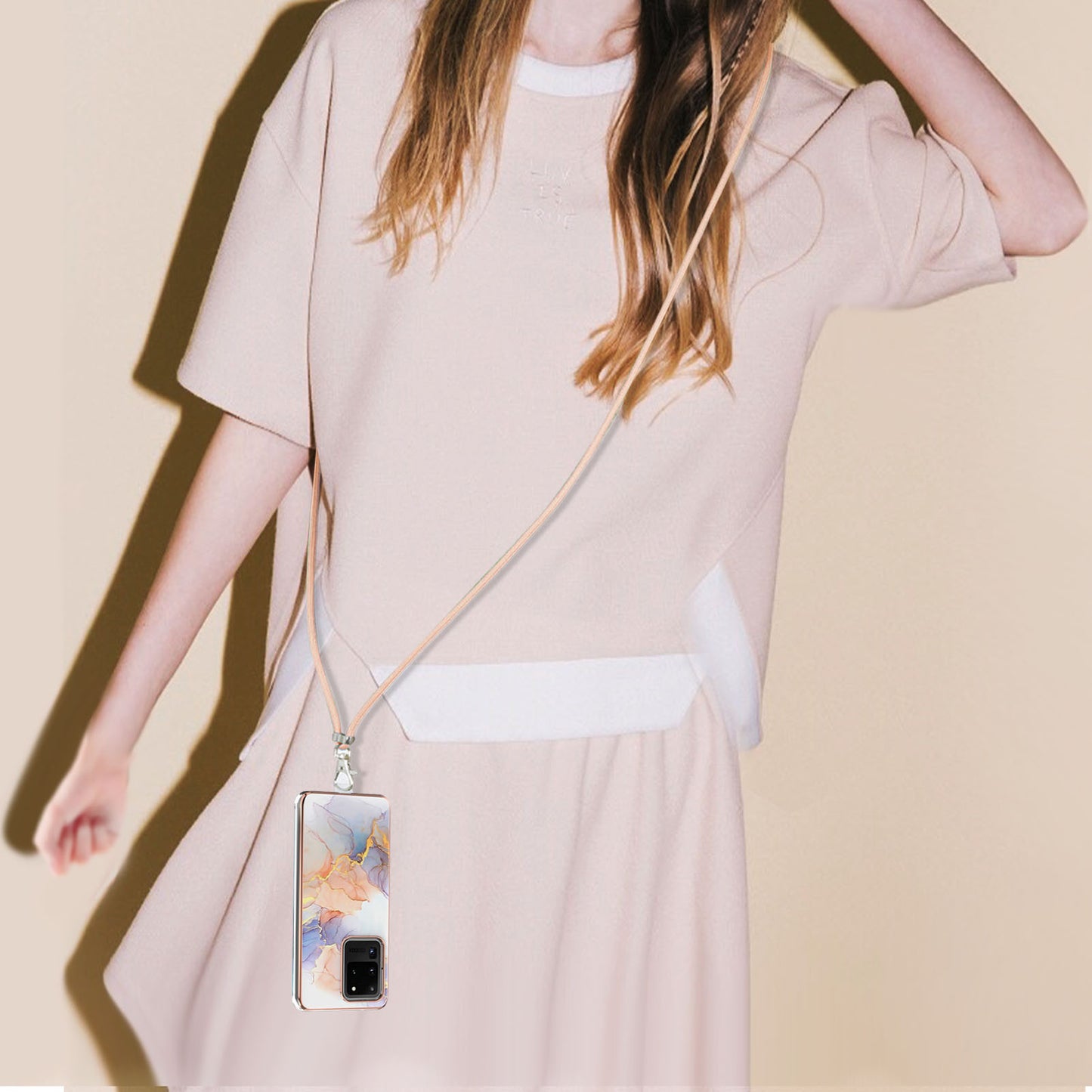 IMD IML TPU Phone Shell with Marble Flower Pattern Electroplating Soft Case + Shoulder Strap for Samsung Galaxy S20 Ultra - The Milky Way/Marble/White