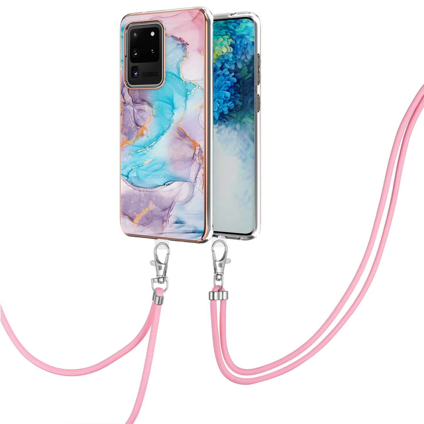 IMD IML TPU Phone Shell with Marble Flower Pattern Electroplating Soft Case + Shoulder Strap for Samsung Galaxy S20 Ultra - The Milky Way/Marble/Blue