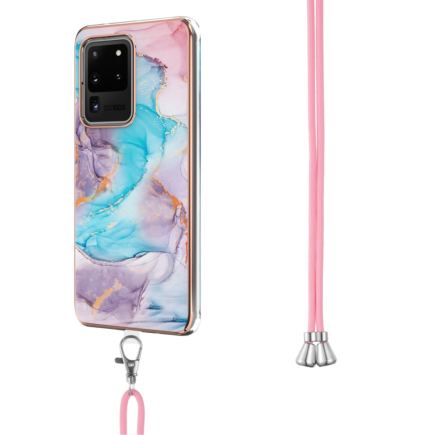 IMD IML TPU Phone Shell with Marble Flower Pattern Electroplating Soft Case + Shoulder Strap for Samsung Galaxy S20 Ultra - The Milky Way/Marble/Blue