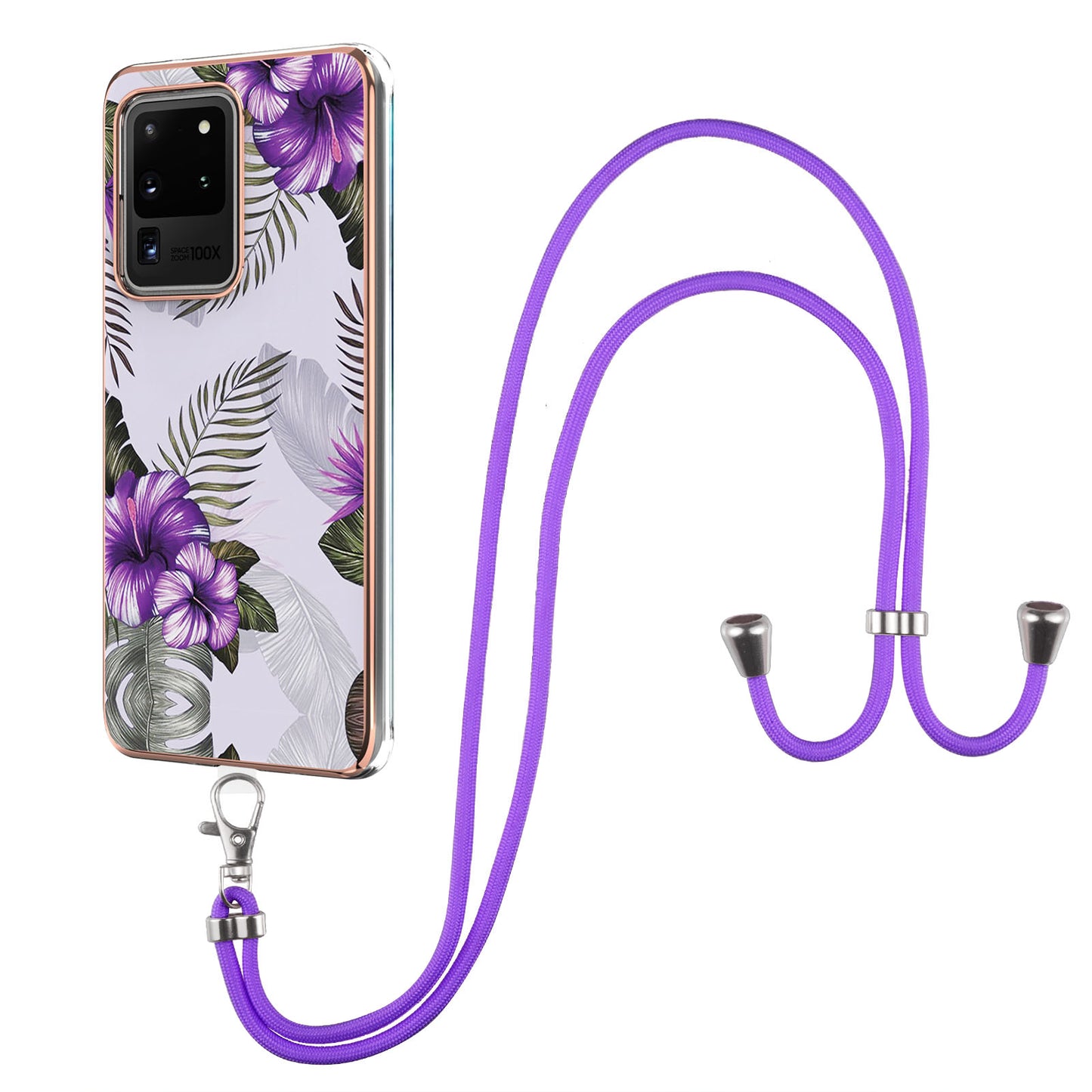 IMD IML TPU Phone Shell with Marble Flower Pattern Electroplating Soft Case + Shoulder Strap for Samsung Galaxy S20 Ultra - Purple Flowers