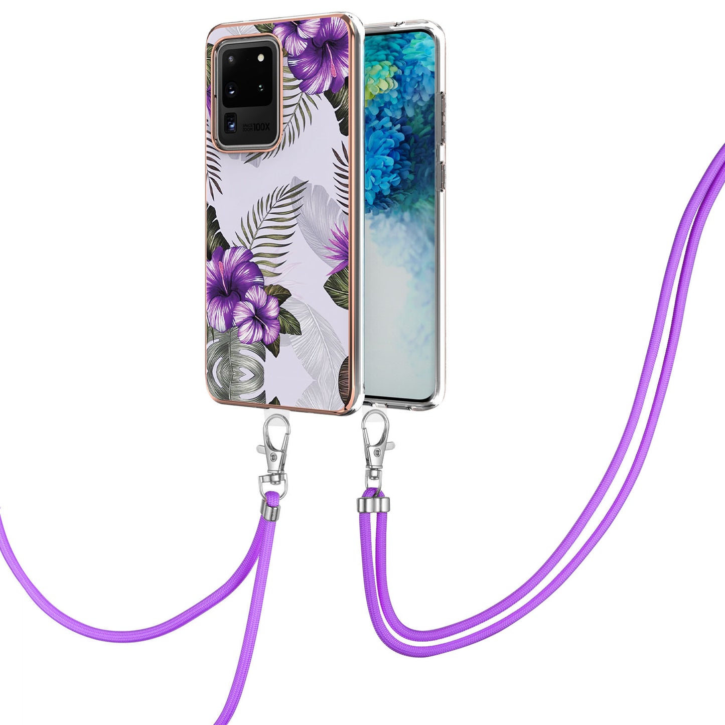 IMD IML TPU Phone Shell with Marble Flower Pattern Electroplating Soft Case + Shoulder Strap for Samsung Galaxy S20 Ultra - Purple Flowers