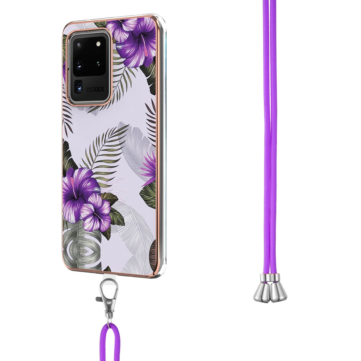 IMD IML TPU Phone Shell with Marble Flower Pattern Electroplating Soft Case + Shoulder Strap for Samsung Galaxy S20 Ultra - Purple Flowers