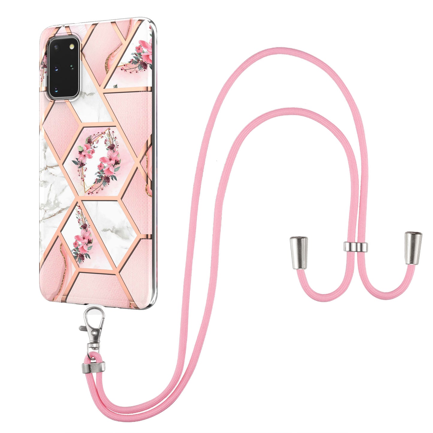 IMD IML TPU Phone Shell Drop-Proof Flexible Electroplating Case with Marble Flower Pattern + Shoulder Strap for Samsung Galaxy S20 Plus 4G/5G - Pink Flowers