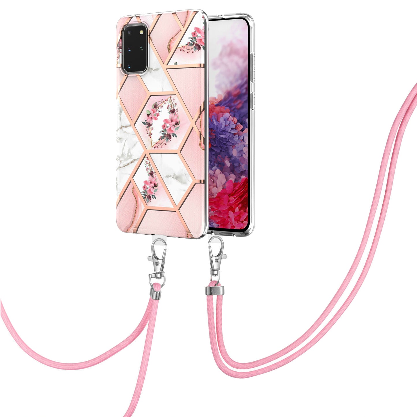 IMD IML TPU Phone Shell Drop-Proof Flexible Electroplating Case with Marble Flower Pattern + Shoulder Strap for Samsung Galaxy S20 Plus 4G/5G - Pink Flowers