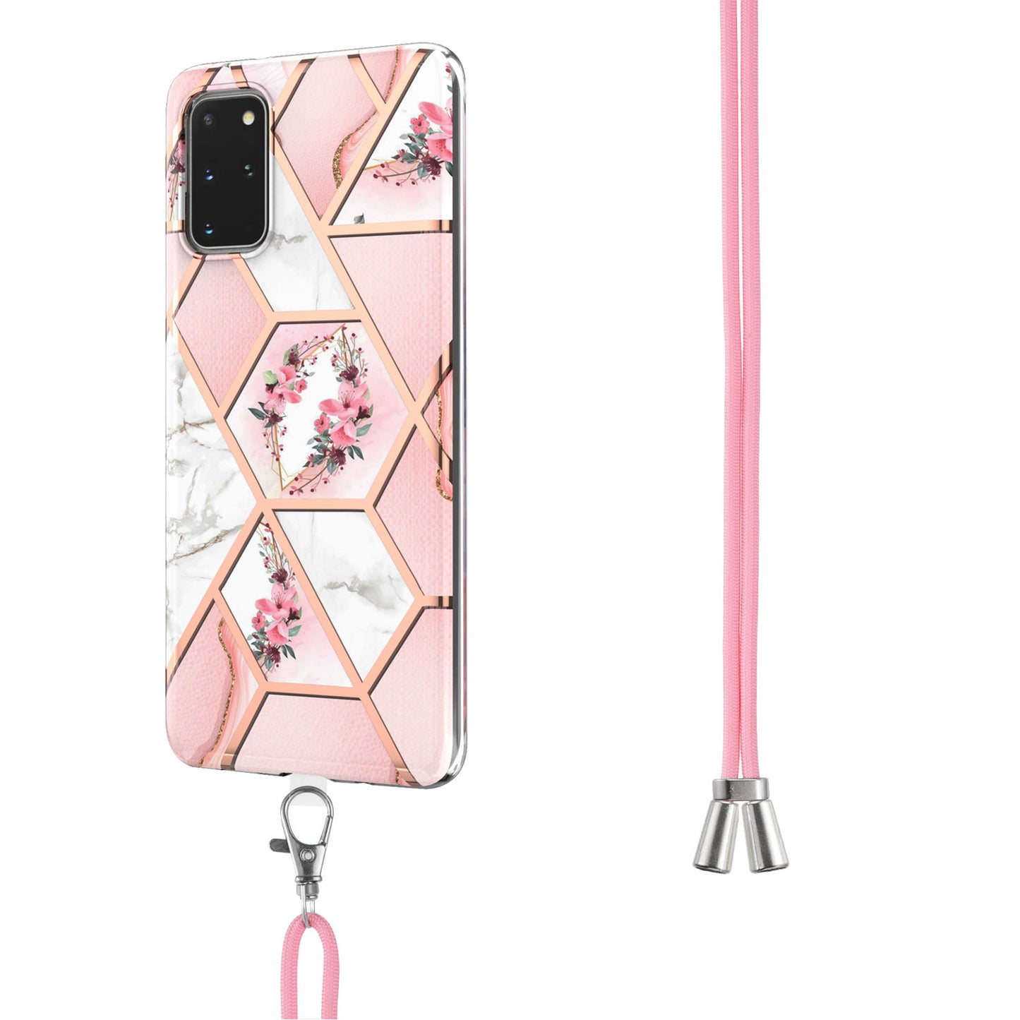 IMD IML TPU Phone Shell Drop-Proof Flexible Electroplating Case with Marble Flower Pattern + Shoulder Strap for Samsung Galaxy S20 Plus 4G/5G - Pink Flowers