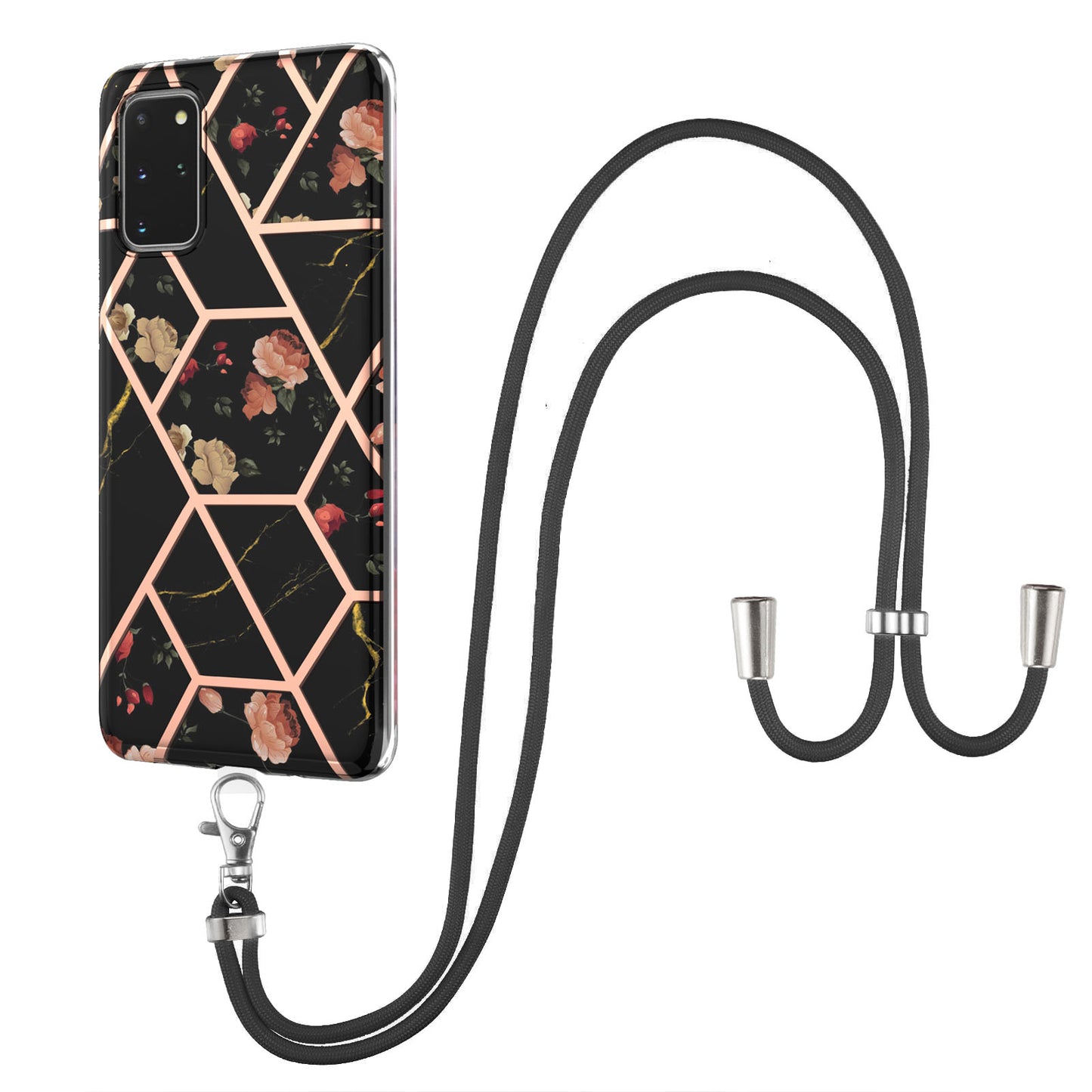 IMD IML TPU Phone Shell Drop-Proof Flexible Electroplating Case with Marble Flower Pattern + Shoulder Strap for Samsung Galaxy S20 Plus 4G/5G - Black/Flowers