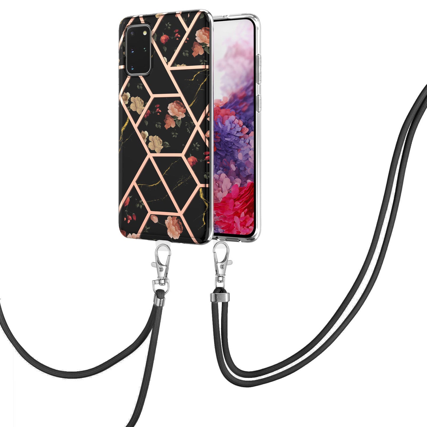 IMD IML TPU Phone Shell Drop-Proof Flexible Electroplating Case with Marble Flower Pattern + Shoulder Strap for Samsung Galaxy S20 Plus 4G/5G - Black/Flowers