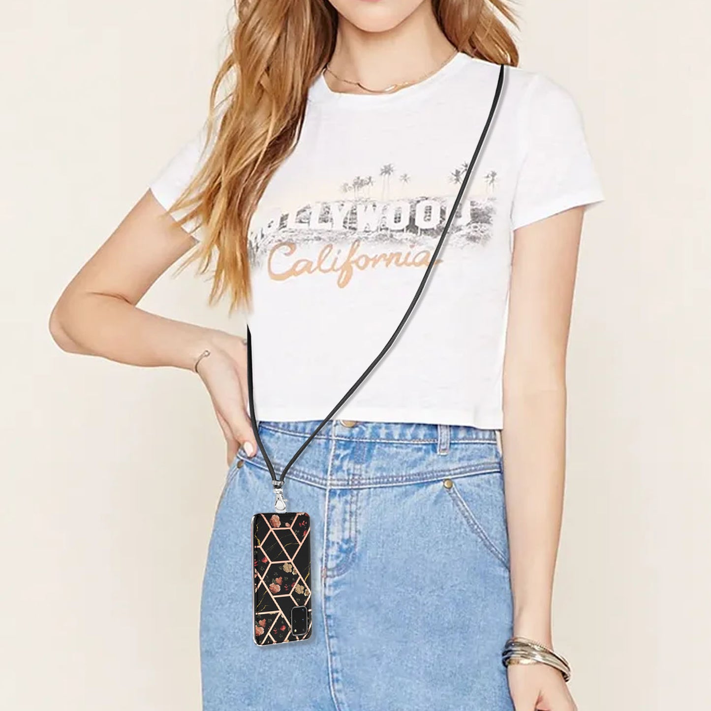 IMD IML TPU Phone Shell Drop-Proof Flexible Electroplating Case with Marble Flower Pattern + Shoulder Strap for Samsung Galaxy S20 Plus 4G/5G - Black/Flowers