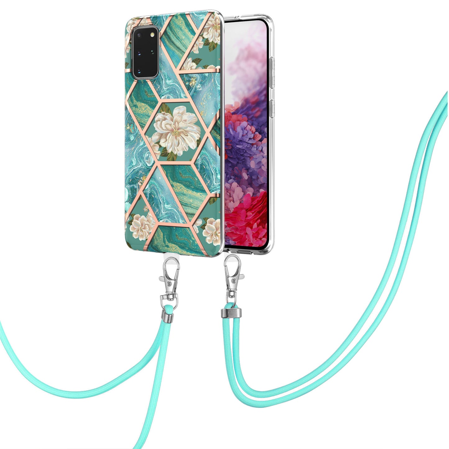 IMD IML TPU Phone Shell Drop-Proof Flexible Electroplating Case with Marble Flower Pattern + Shoulder Strap for Samsung Galaxy S20 Plus 4G/5G - Orchid
