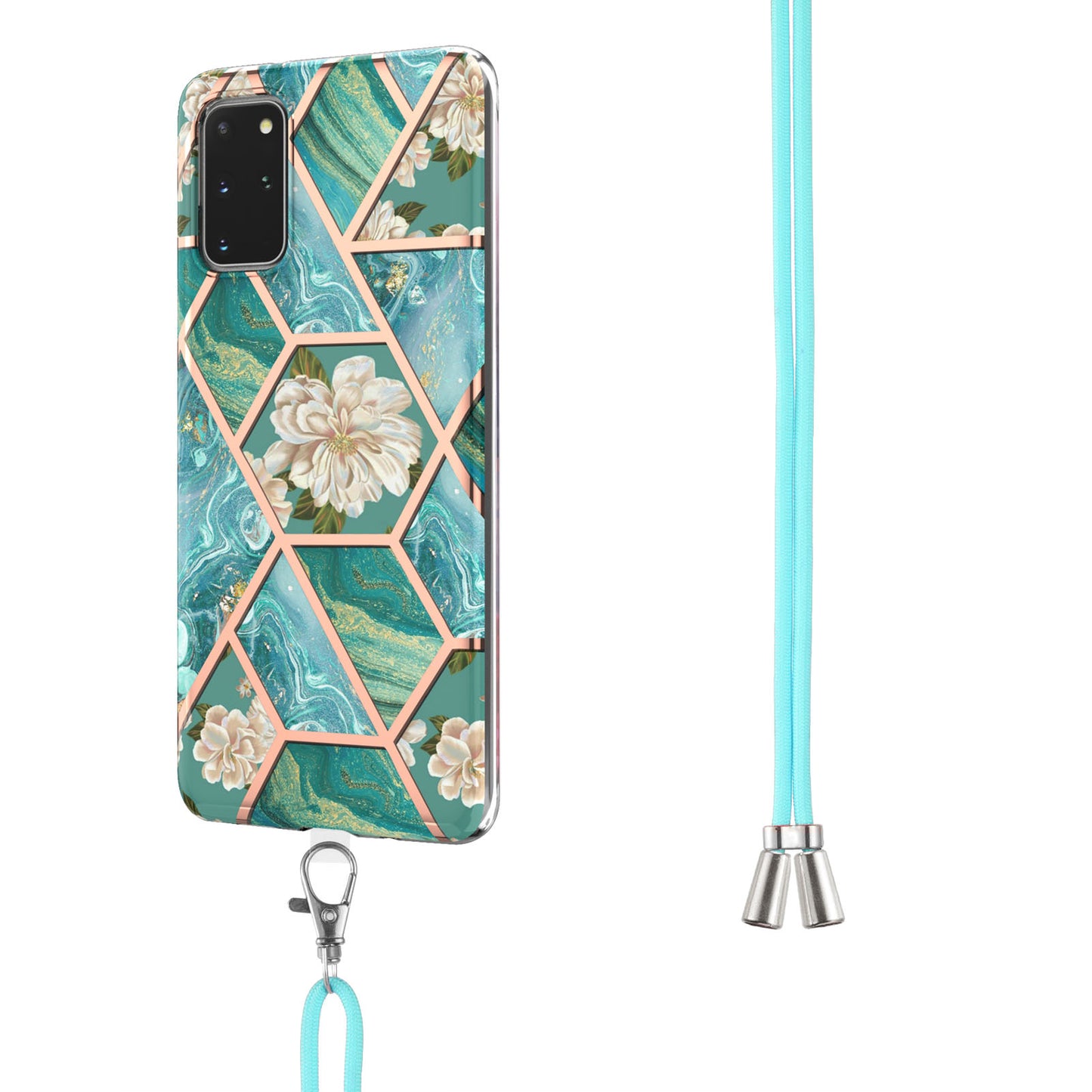 IMD IML TPU Phone Shell Drop-Proof Flexible Electroplating Case with Marble Flower Pattern + Shoulder Strap for Samsung Galaxy S20 Plus 4G/5G - Orchid