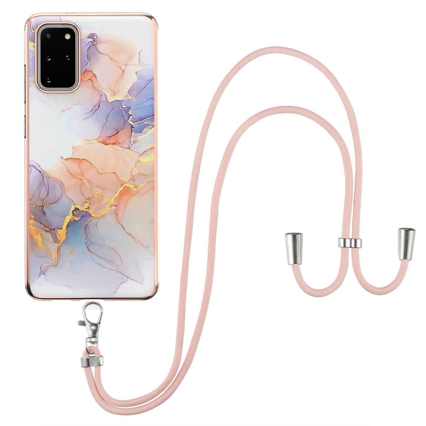 IMD IML TPU Phone Shell Drop-Proof Flexible Electroplating Case with Marble Flower Pattern + Shoulder Strap for Samsung Galaxy S20 Plus 4G/5G - The Milky Way/Marble/White