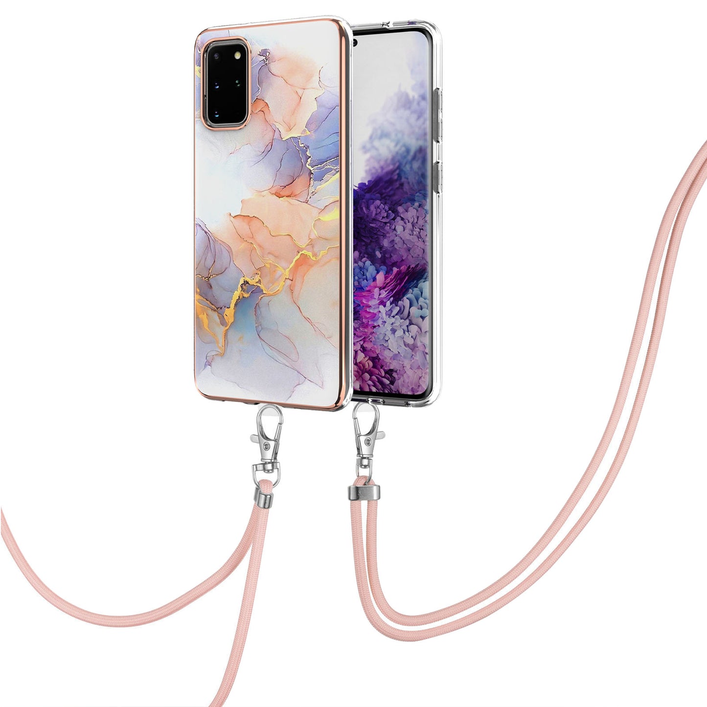 IMD IML TPU Phone Shell Drop-Proof Flexible Electroplating Case with Marble Flower Pattern + Shoulder Strap for Samsung Galaxy S20 Plus 4G/5G - The Milky Way/Marble/White