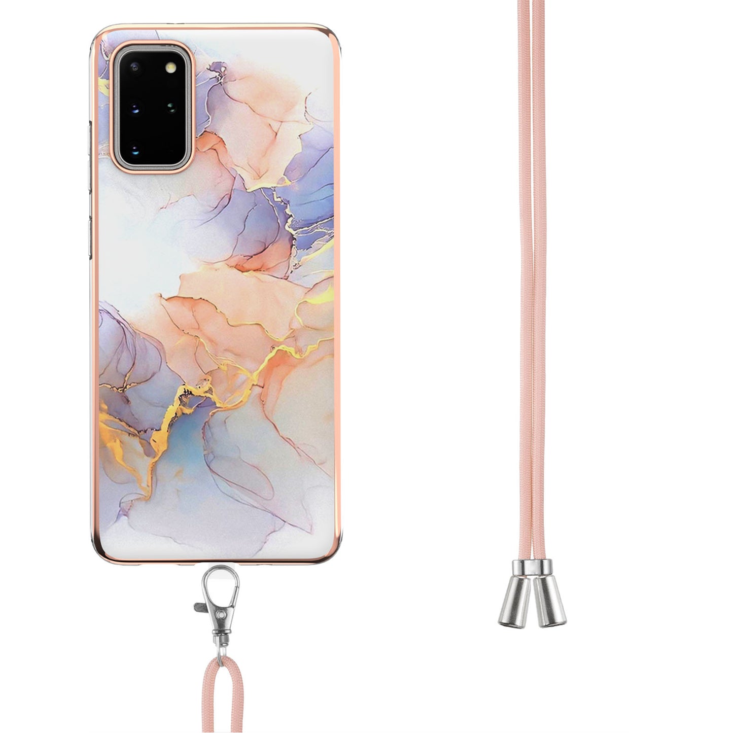 IMD IML TPU Phone Shell Drop-Proof Flexible Electroplating Case with Marble Flower Pattern + Shoulder Strap for Samsung Galaxy S20 Plus 4G/5G - The Milky Way/Marble/White