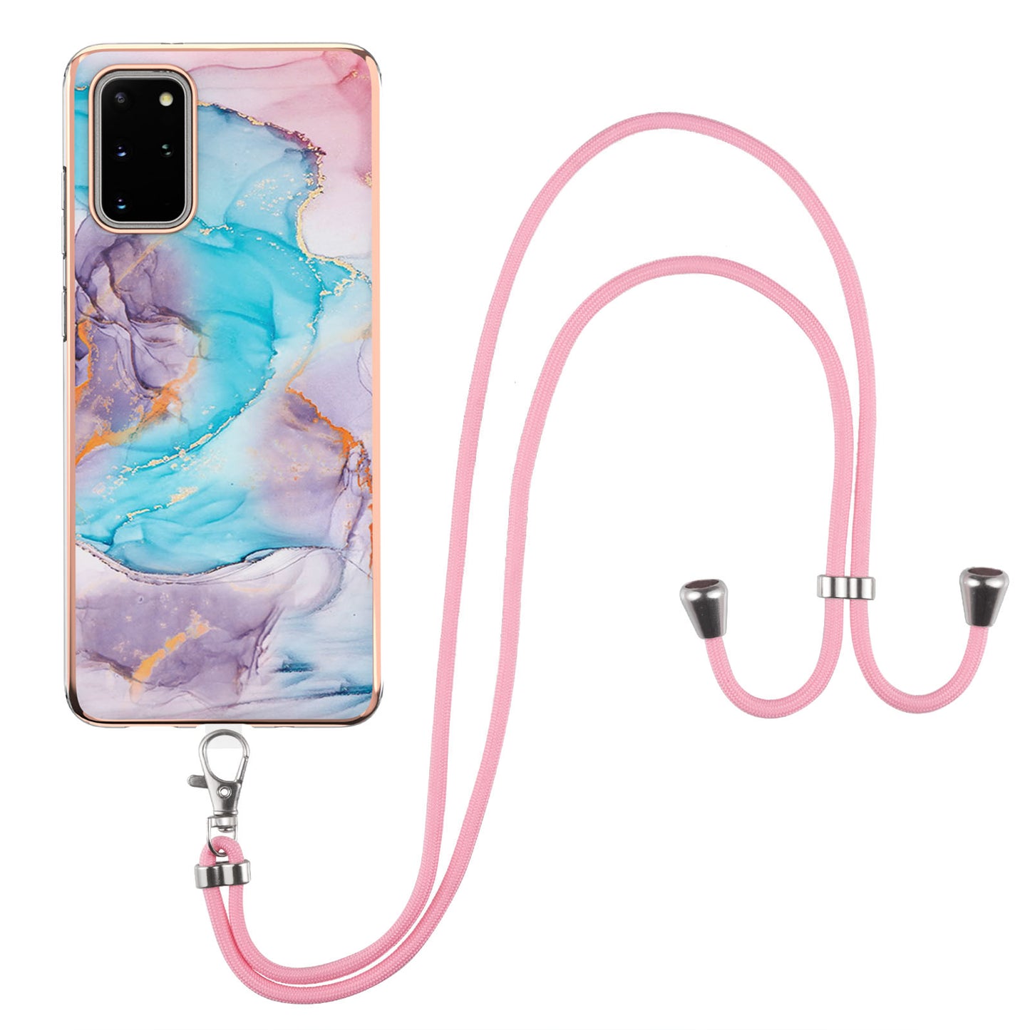 IMD IML TPU Phone Shell Drop-Proof Flexible Electroplating Case with Marble Flower Pattern + Shoulder Strap for Samsung Galaxy S20 Plus 4G/5G - The Milky Way/Marble/Blue