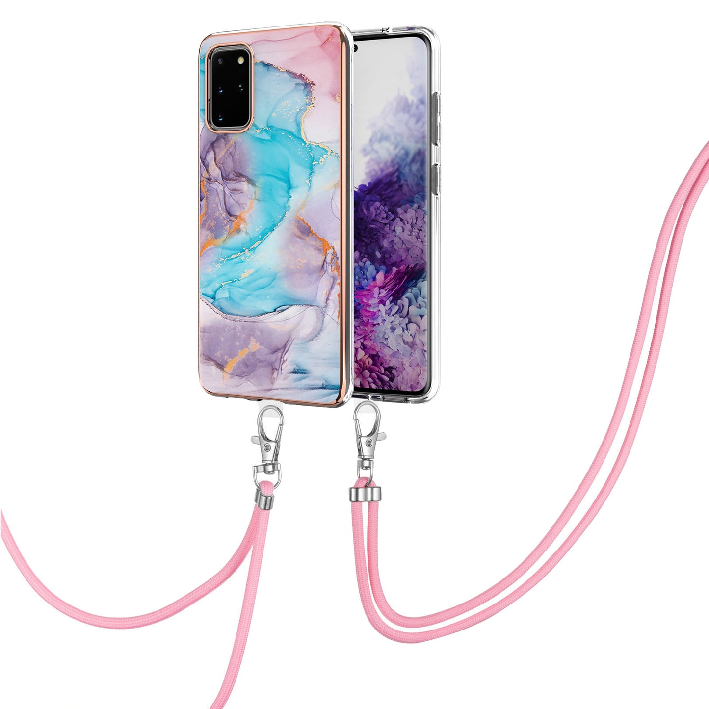 IMD IML TPU Phone Shell Drop-Proof Flexible Electroplating Case with Marble Flower Pattern + Shoulder Strap for Samsung Galaxy S20 Plus 4G/5G - The Milky Way/Marble/Blue