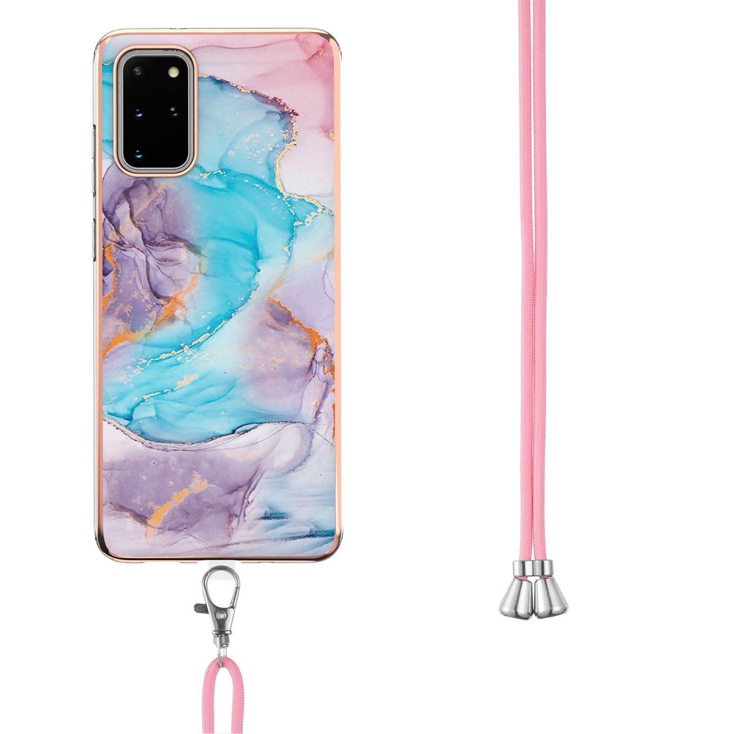 IMD IML TPU Phone Shell Drop-Proof Flexible Electroplating Case with Marble Flower Pattern + Shoulder Strap for Samsung Galaxy S20 Plus 4G/5G - The Milky Way/Marble/Blue