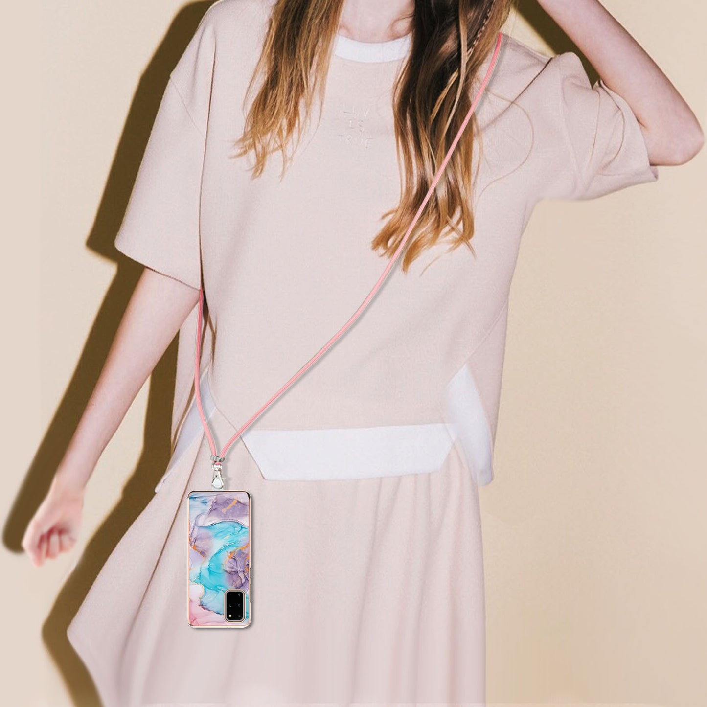 IMD IML TPU Phone Shell Drop-Proof Flexible Electroplating Case with Marble Flower Pattern + Shoulder Strap for Samsung Galaxy S20 Plus 4G/5G - The Milky Way/Marble/Blue