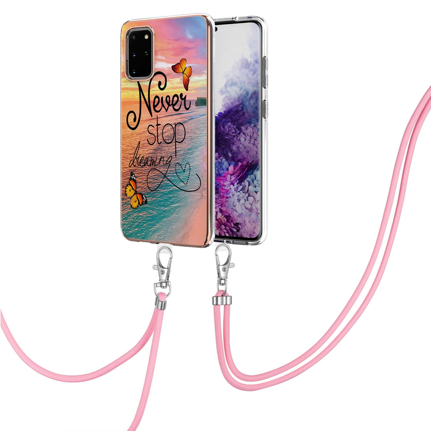 IMD IML TPU Phone Shell Drop-Proof Flexible Electroplating Case with Marble Flower Pattern + Shoulder Strap for Samsung Galaxy S20 Plus 4G/5G - Dreaming Butterflies