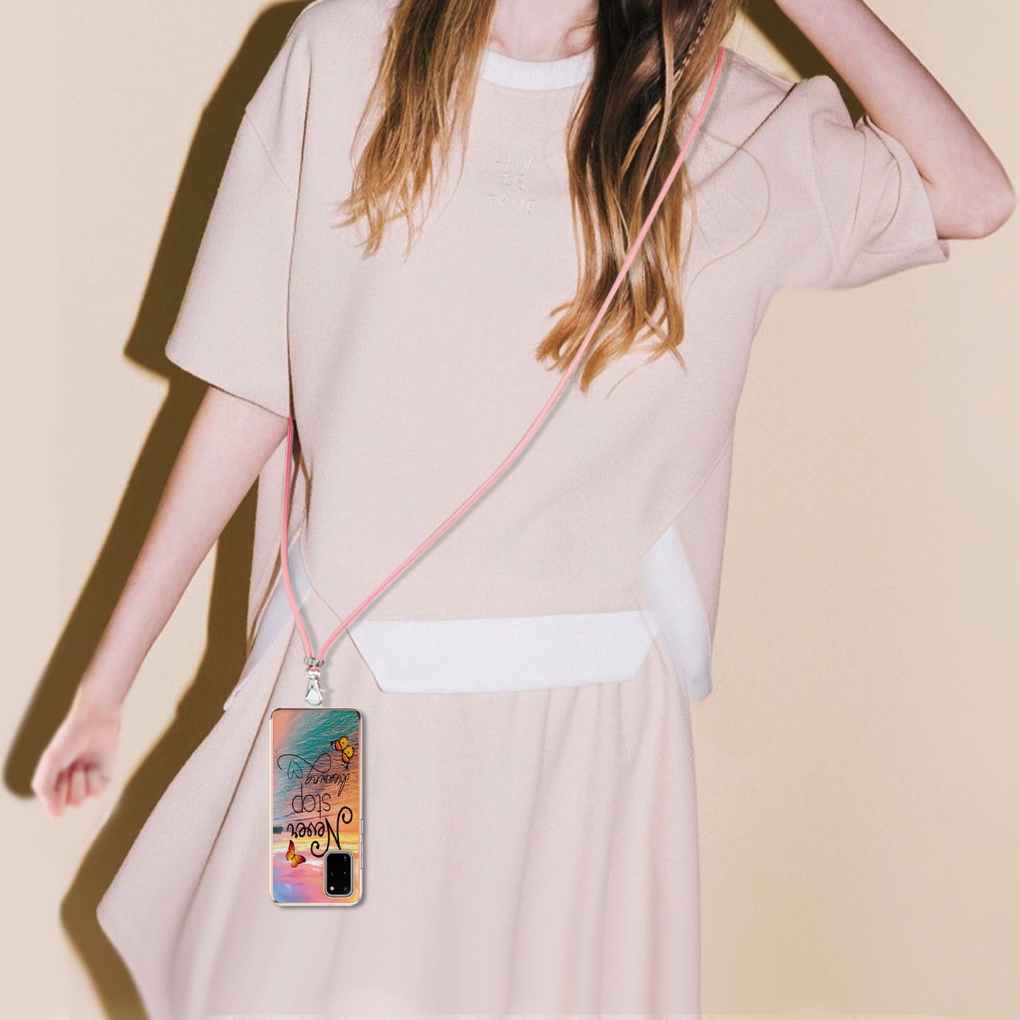 IMD IML TPU Phone Shell Drop-Proof Flexible Electroplating Case with Marble Flower Pattern + Shoulder Strap for Samsung Galaxy S20 Plus 4G/5G - Dreaming Butterflies